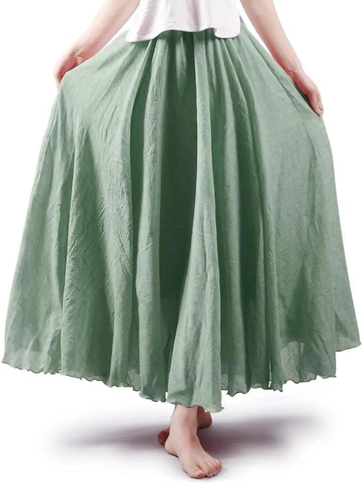 Aeslech Women's Bohemian Elastic Waist A Line Long Maxi Cotton Linen Skirt