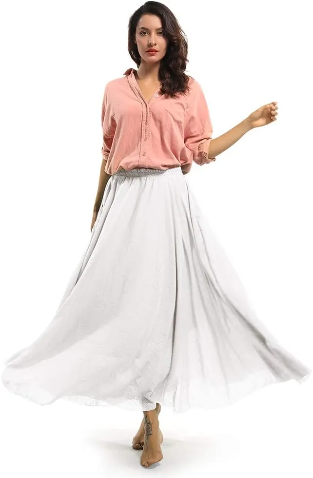 Aeslech Women's Bohemian Elastic Waist A Line Long Maxi Cotton Linen Skirt