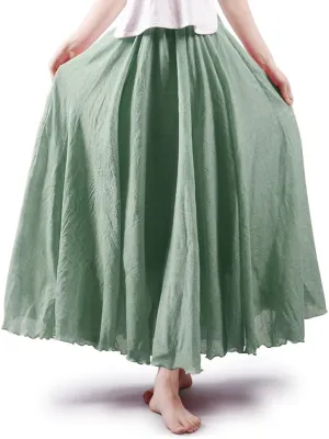 Aeslech Women's Bohemian Elastic Waist A Line Long Maxi Cotton Linen Skirt