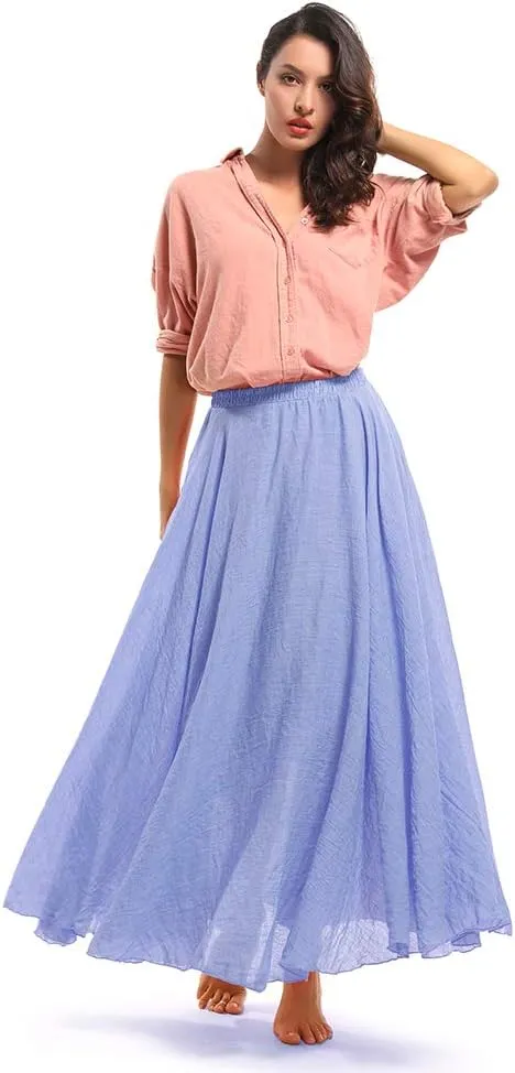 Aeslech Women's Bohemian Elastic Waist A Line Long Maxi Cotton Linen Skirt