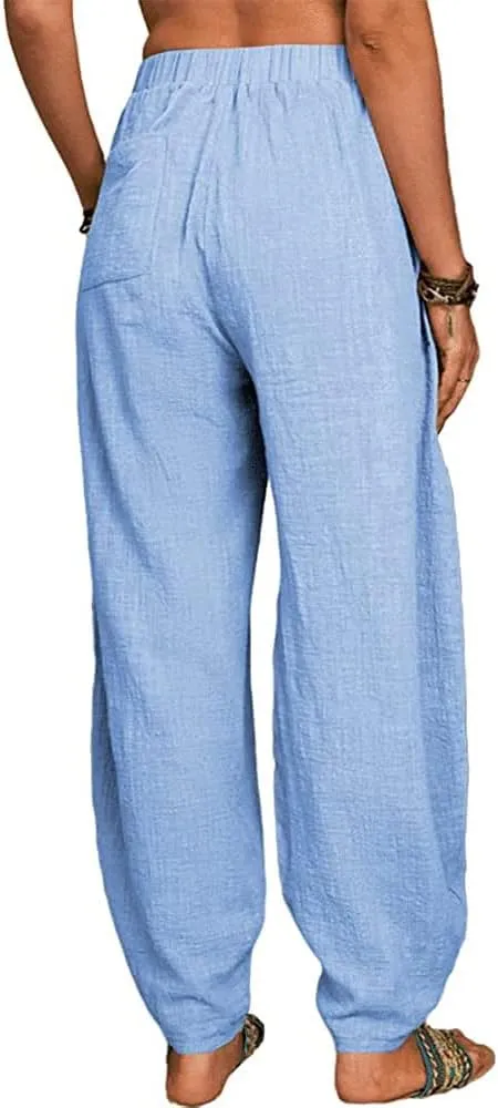 Akivide Womens Linen Plus Size High Elastic Waist Harem Pants Comfy Casual Loose Baggy Solid Pants Trousers with Pockets