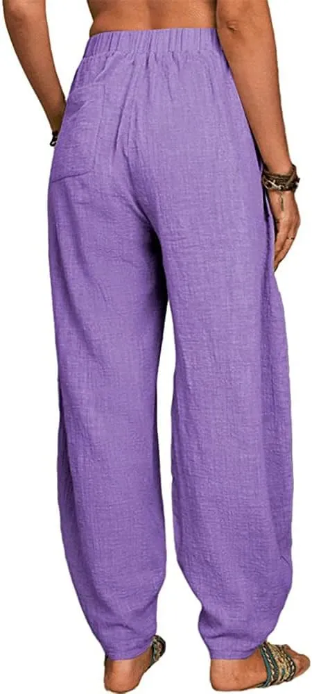 Akivide Womens Linen Plus Size High Elastic Waist Harem Pants Comfy Casual Loose Baggy Solid Pants Trousers with Pockets