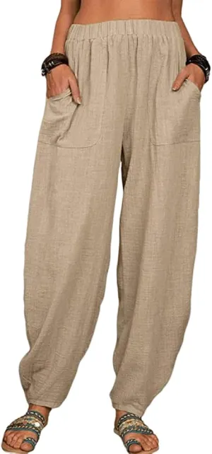 Akivide Womens Linen Plus Size High Elastic Waist Harem Pants Comfy Casual Loose Baggy Solid Pants Trousers with Pockets