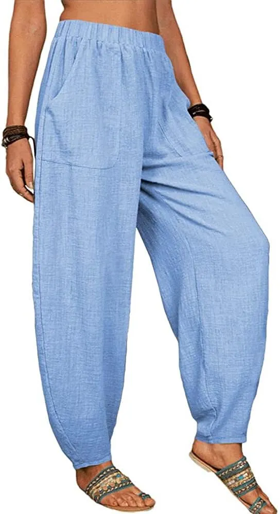 Akivide Womens Linen Plus Size High Elastic Waist Harem Pants Comfy Casual Loose Baggy Solid Pants Trousers with Pockets