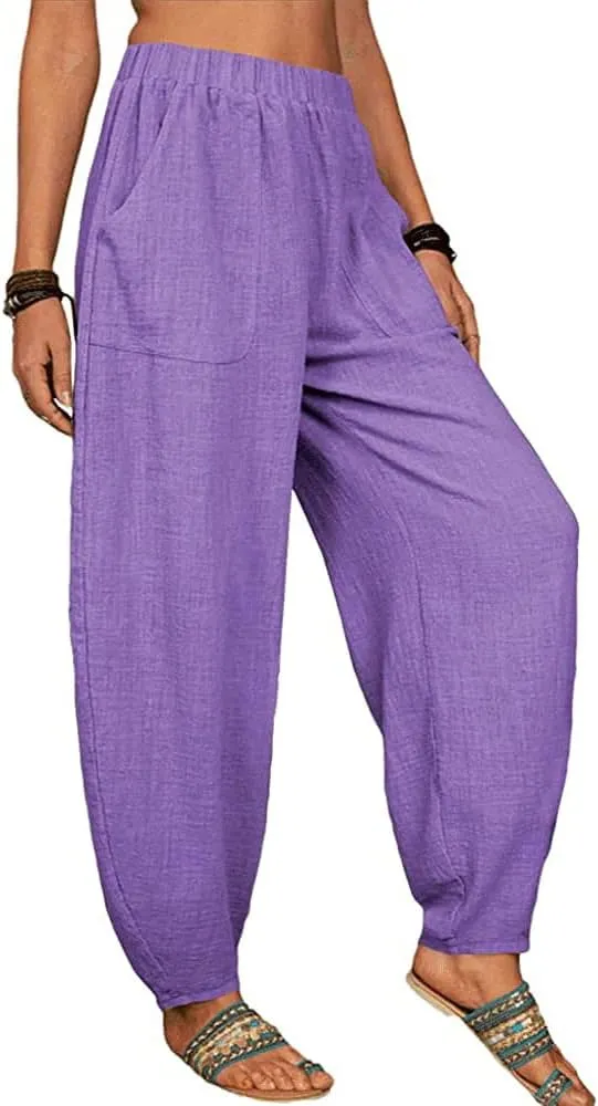 Akivide Womens Linen Plus Size High Elastic Waist Harem Pants Comfy Casual Loose Baggy Solid Pants Trousers with Pockets
