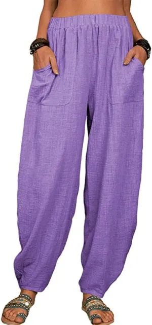 Akivide Womens Linen Plus Size High Elastic Waist Harem Pants Comfy Casual Loose Baggy Solid Pants Trousers with Pockets