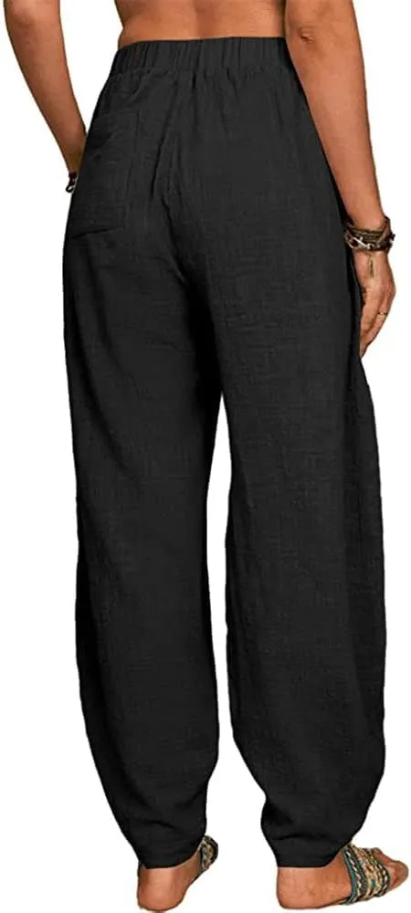Akivide Womens Linen Plus Size High Elastic Waist Harem Pants Comfy Casual Loose Baggy Solid Pants Trousers with Pockets