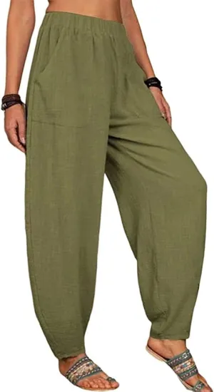 Akivide Womens Linen Plus Size High Elastic Waist Harem Pants Comfy Casual Loose Baggy Solid Pants Trousers with Pockets