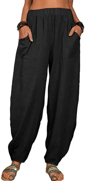 Akivide Womens Linen Plus Size High Elastic Waist Harem Pants Comfy Casual Loose Baggy Solid Pants Trousers with Pockets