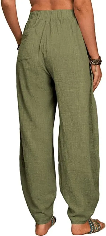 Akivide Womens Linen Plus Size High Elastic Waist Harem Pants Comfy Casual Loose Baggy Solid Pants Trousers with Pockets
