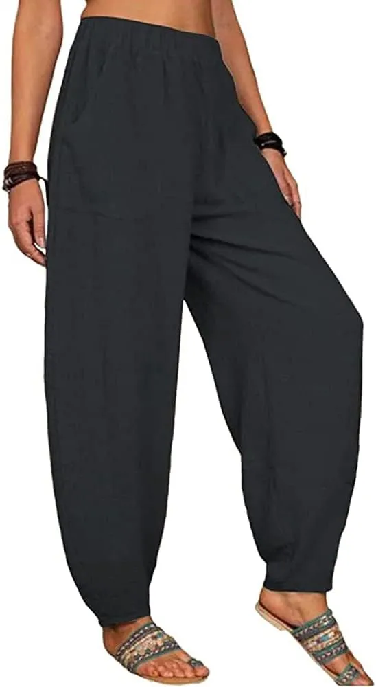 Akivide Womens Linen Plus Size High Elastic Waist Harem Pants Comfy Casual Loose Baggy Solid Pants Trousers with Pockets