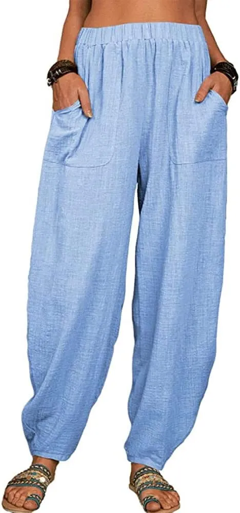 Akivide Womens Linen Plus Size High Elastic Waist Harem Pants Comfy Casual Loose Baggy Solid Pants Trousers with Pockets