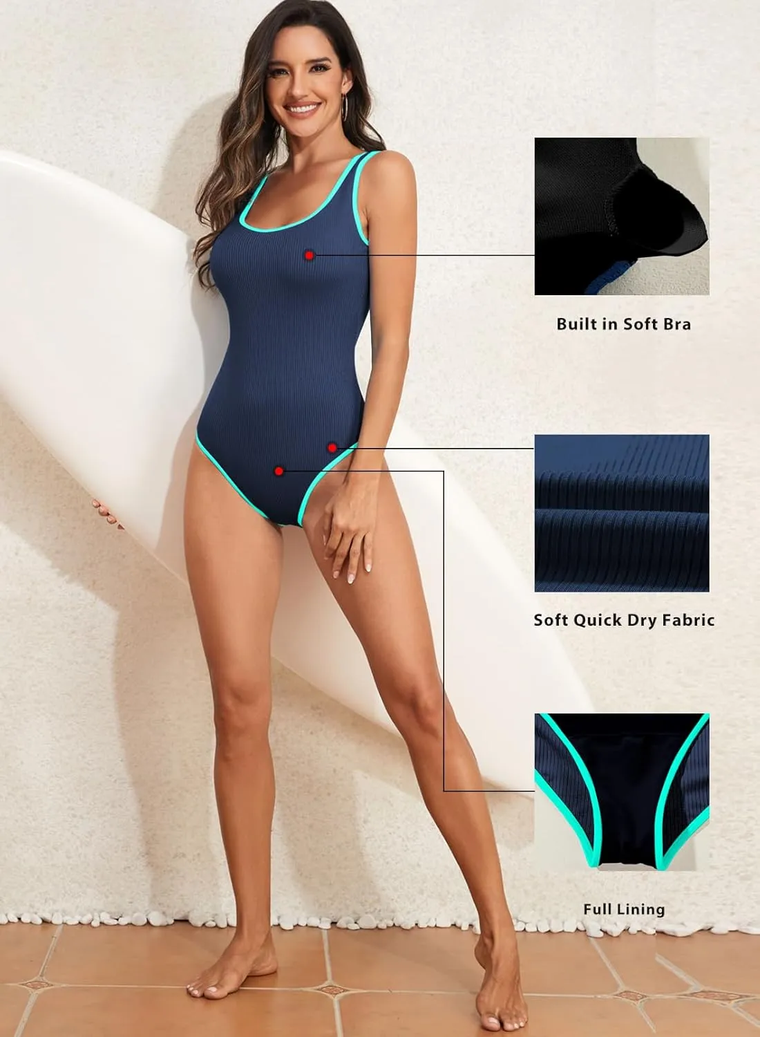 Aleumdr Slimming One Piece Swimsuit for Women Ribbed High Cut Bathing Suit Color Block Sporty Swimwear 2025