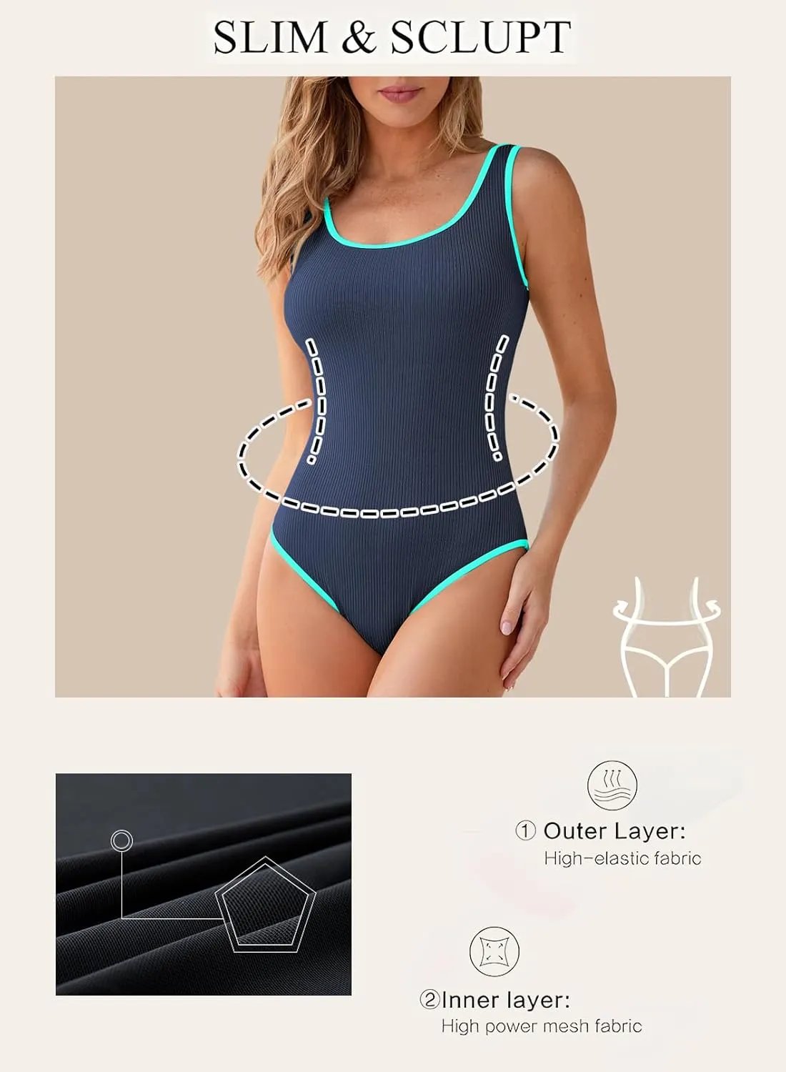 Aleumdr Slimming One Piece Swimsuit for Women Ribbed High Cut Bathing Suit Color Block Sporty Swimwear 2025