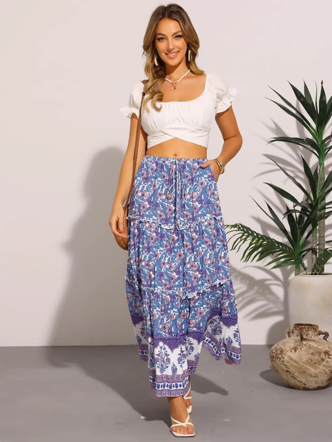 Allegra K Summer Boho Maxi Skirts for Women's Floral Flowy Ruffle Skirt with Pockets A-Line Tiered Long Skirts