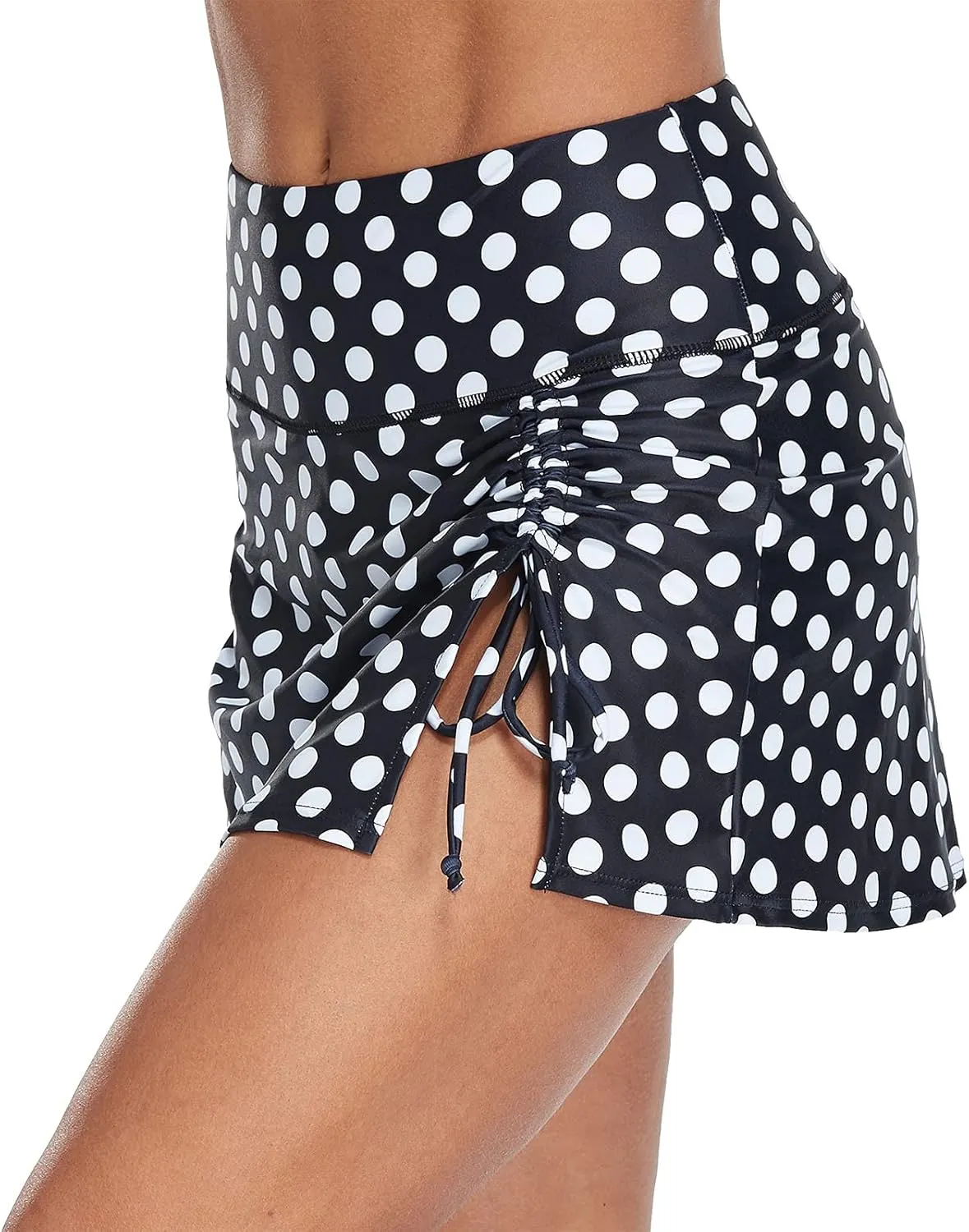 ALove Womens High Waisted Split Swim Skirt Sporty Drawstring Skirted Swim Bottom with Built-in Panty