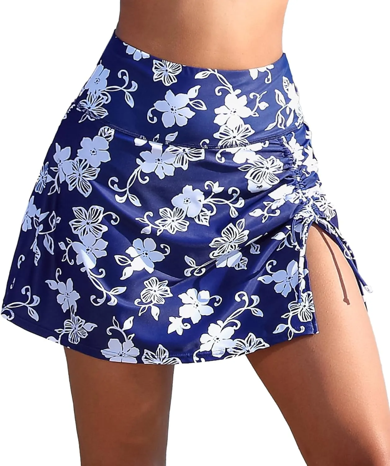 ALove Womens High Waisted Split Swim Skirt Sporty Drawstring Skirted Swim Bottom with Built-in Panty