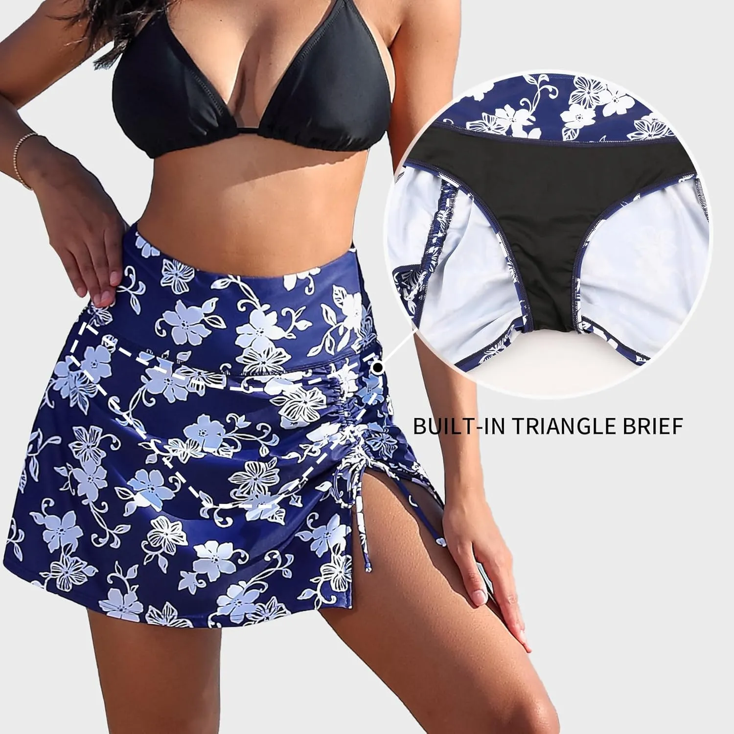 ALove Womens High Waisted Split Swim Skirt Sporty Drawstring Skirted Swim Bottom with Built-in Panty