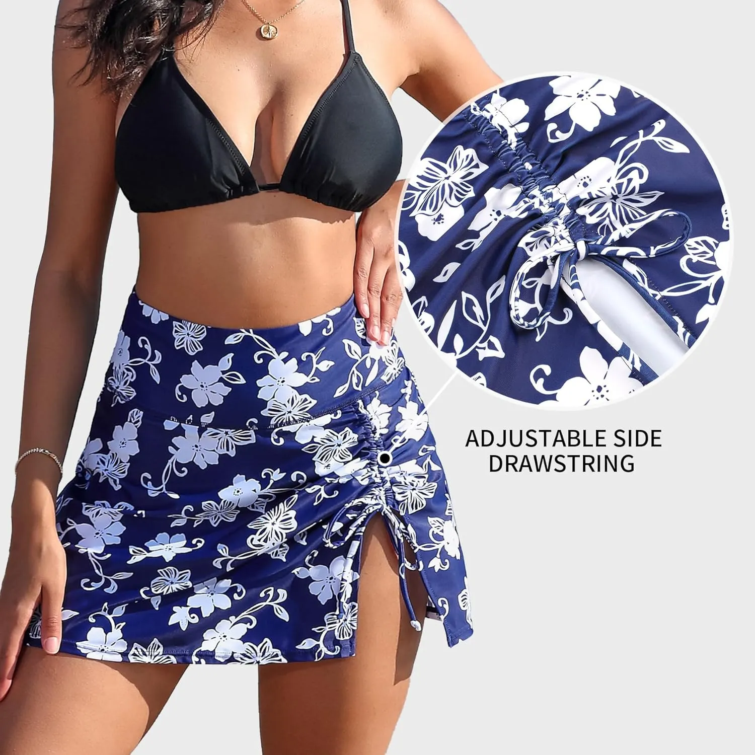 ALove Womens High Waisted Split Swim Skirt Sporty Drawstring Skirted Swim Bottom with Built-in Panty