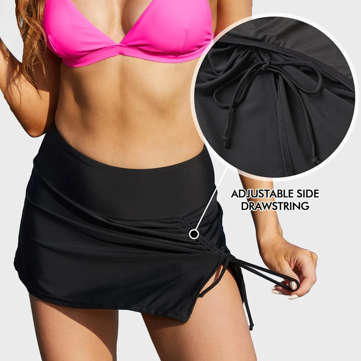 ALove Womens High Waisted Split Swim Skirt Sporty Drawstring Skirted Swim Bottom with Built-in Panty