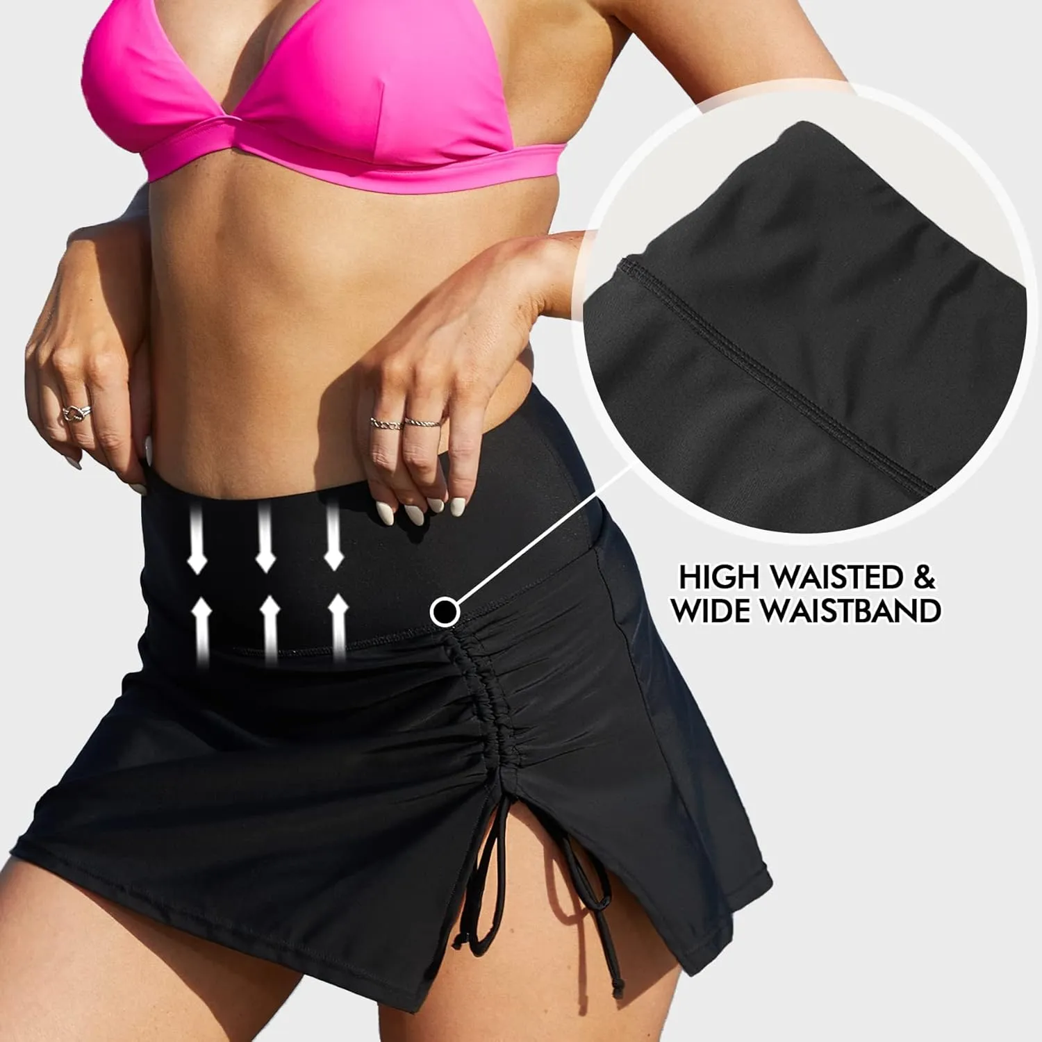 ALove Womens High Waisted Split Swim Skirt Sporty Drawstring Skirted Swim Bottom with Built-in Panty