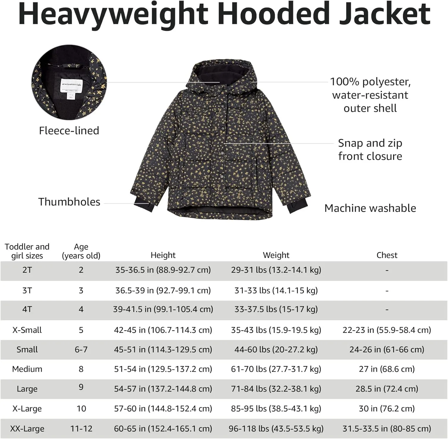 Amazon Essentials Girls and Toddlers' Heavyweight Hooded Puffer Jacket
