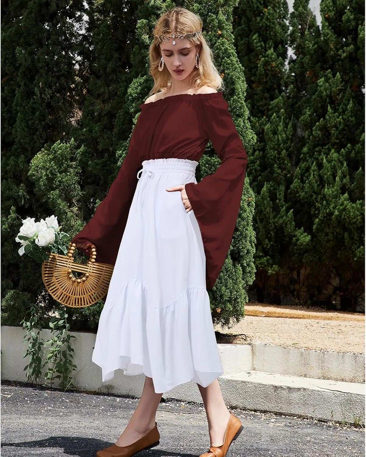 American Trends Maxi Skirts for Women Renaissance Skirt Medieval Womens Long Skirts Flowy Bohemian Pirate Skirts with Pockets