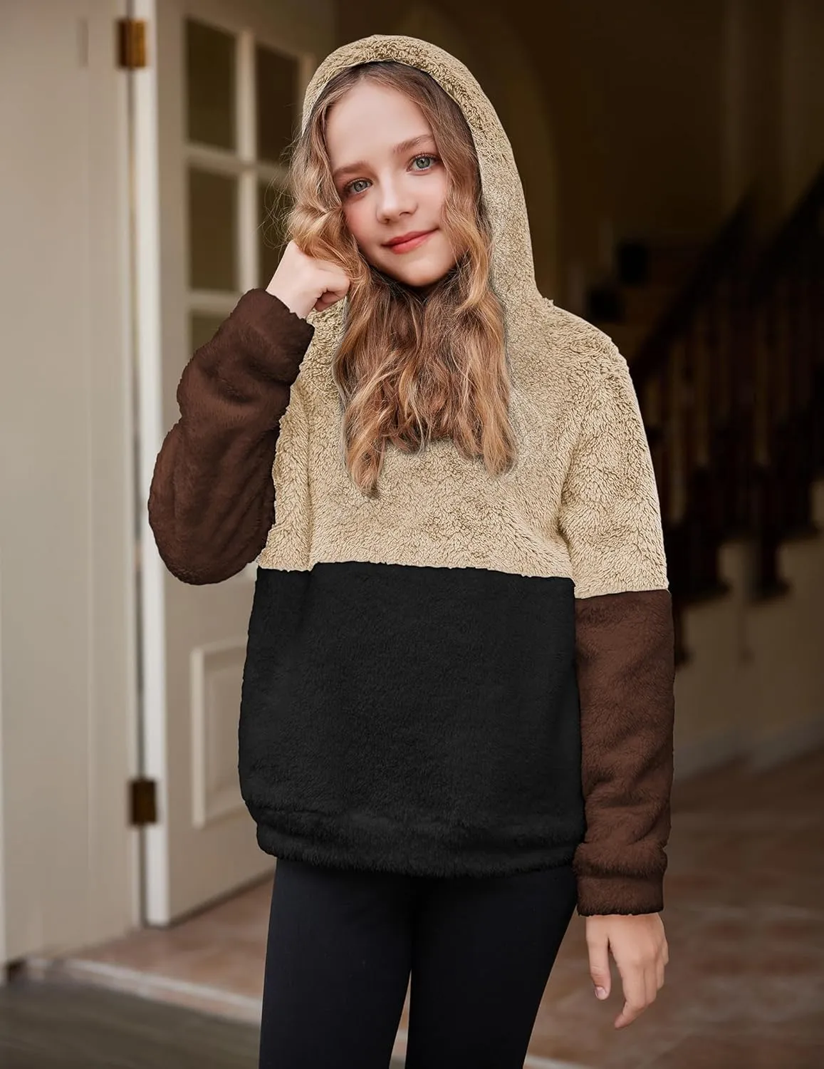 Arshiner Girls Fuzzy Fleece Hoodies Casual Sweatshirt Sherpa Pullover with Kangaroo Pockets