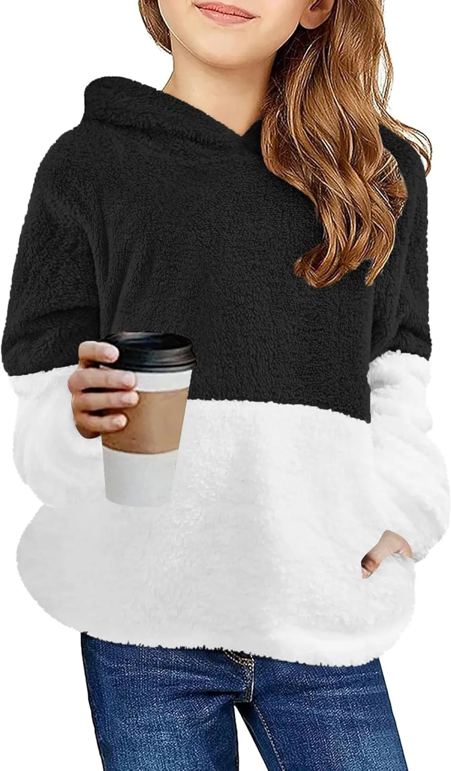 Arshiner Girls Fuzzy Fleece Hoodies Casual Sweatshirt Sherpa Pullover with Kangaroo Pockets