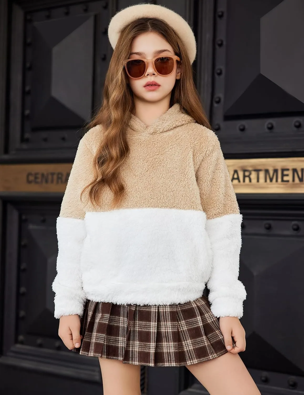 Arshiner Girls Fuzzy Fleece Hoodies Casual Sweatshirt Sherpa Pullover with Kangaroo Pockets