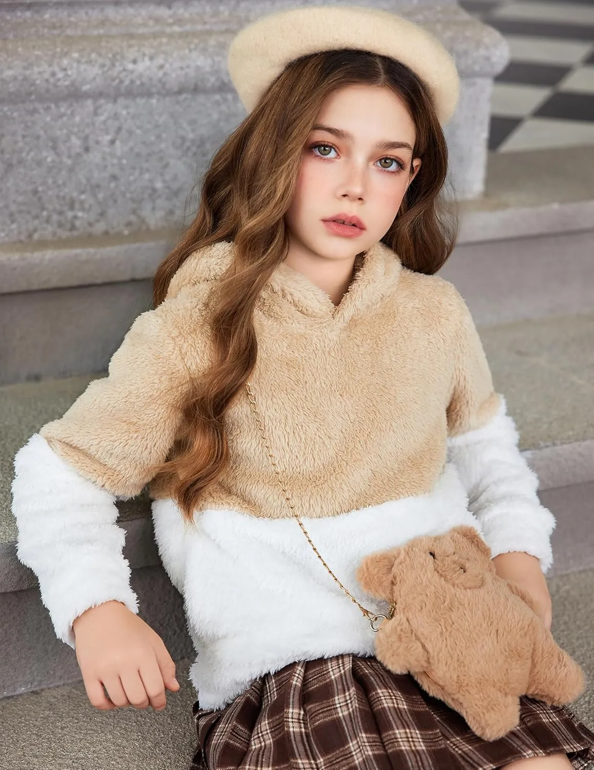 Arshiner Girls Fuzzy Fleece Hoodies Casual Sweatshirt Sherpa Pullover with Kangaroo Pockets