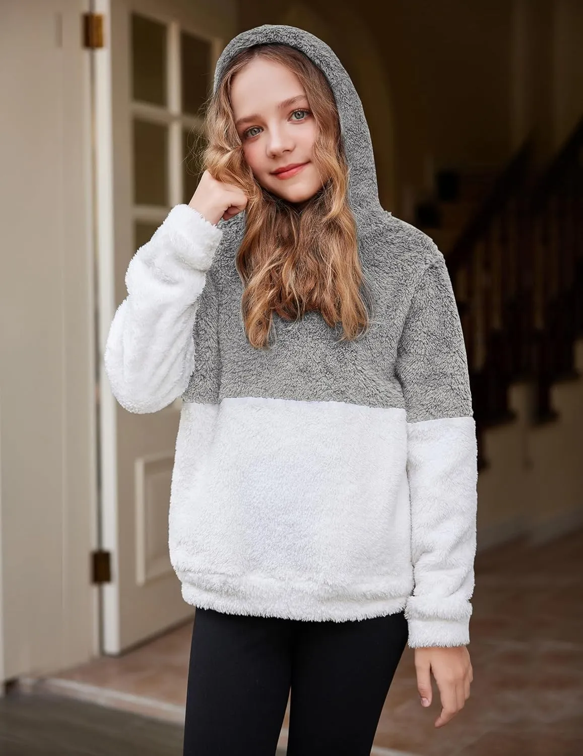 Arshiner Girls Fuzzy Fleece Hoodies Casual Sweatshirt Sherpa Pullover with Kangaroo Pockets