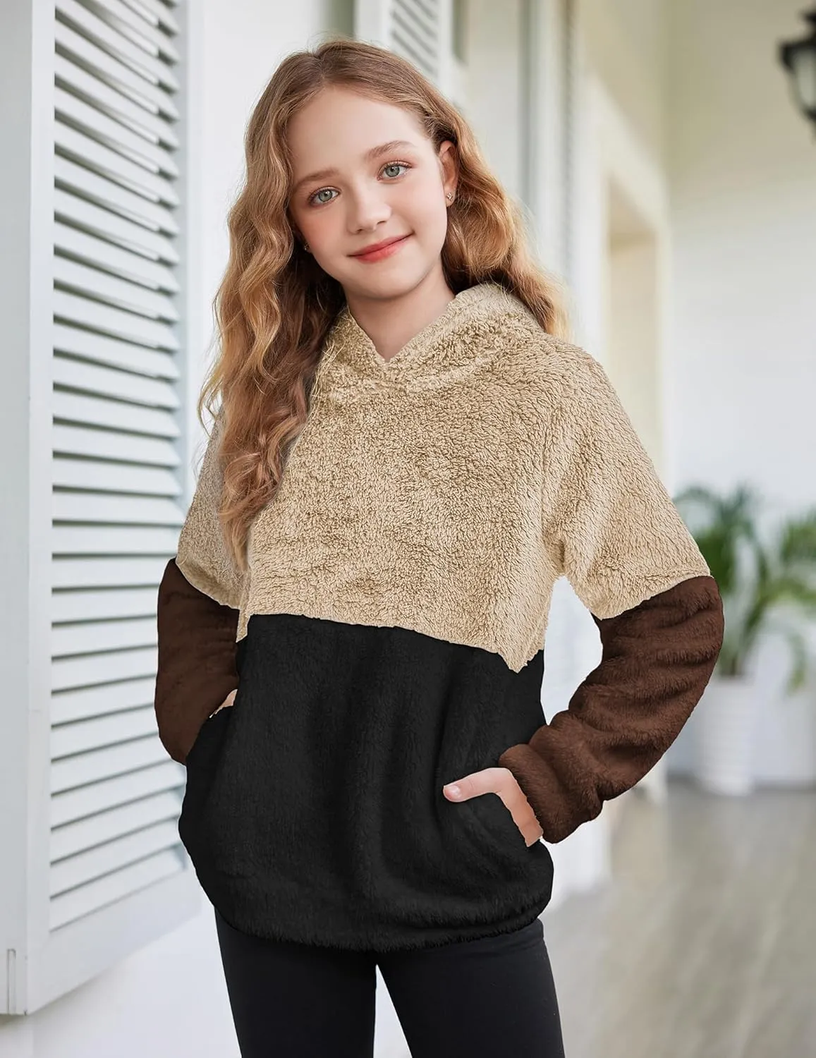 Arshiner Girls Fuzzy Fleece Hoodies Casual Sweatshirt Sherpa Pullover with Kangaroo Pockets