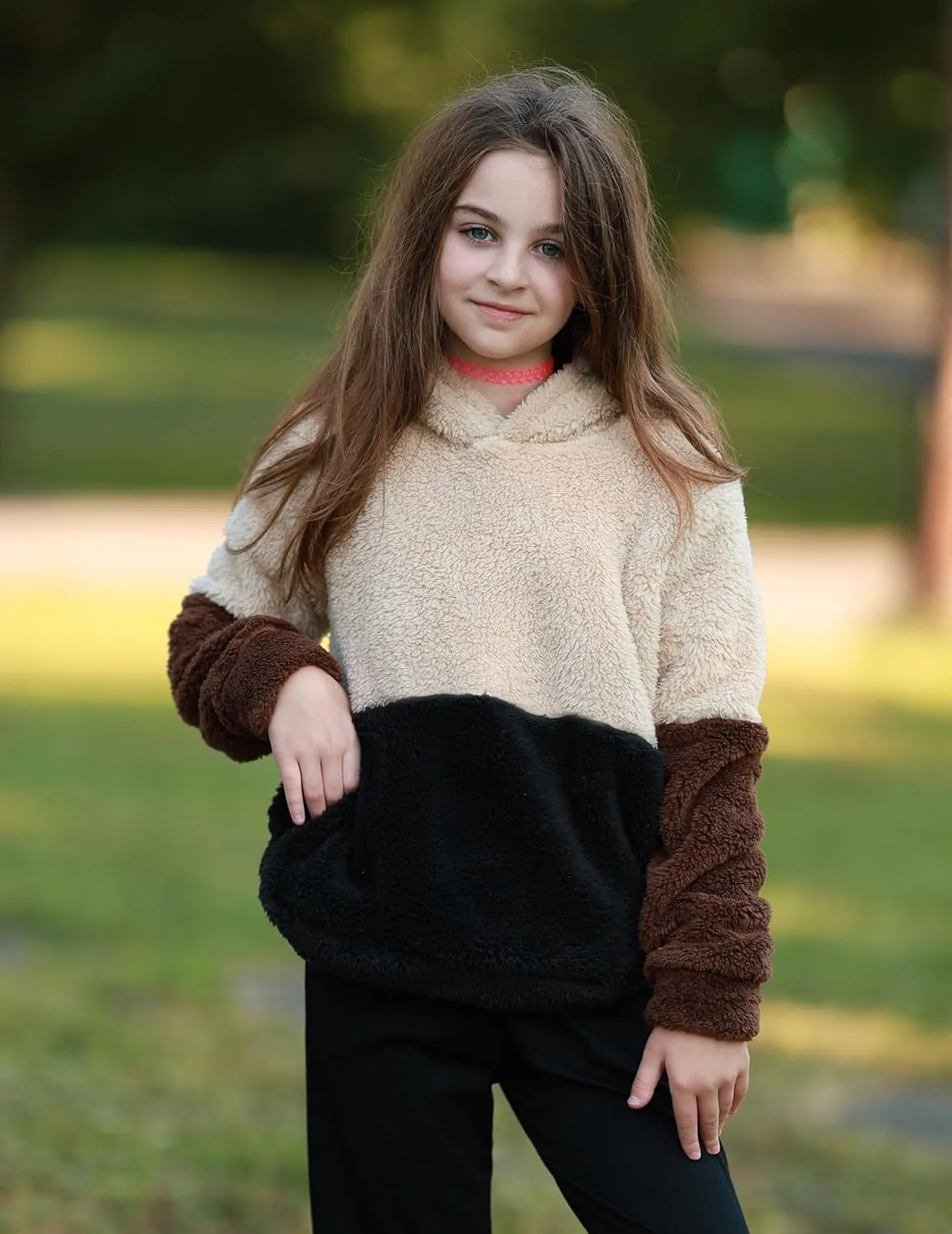 Arshiner Girls Fuzzy Fleece Hoodies Casual Sweatshirt Sherpa Pullover with Kangaroo Pockets