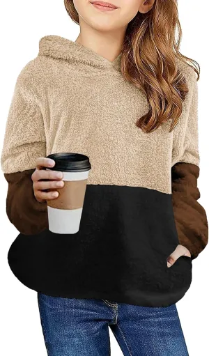 Arshiner Girls Fuzzy Fleece Hoodies Casual Sweatshirt Sherpa Pullover with Kangaroo Pockets