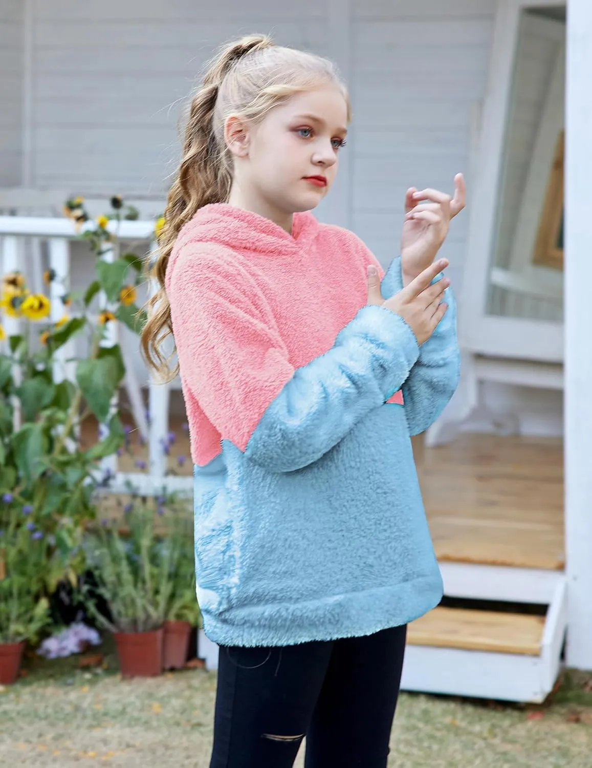 Arshiner Girls Fuzzy Fleece Hoodies Casual Sweatshirt Sherpa Pullover with Kangaroo Pockets