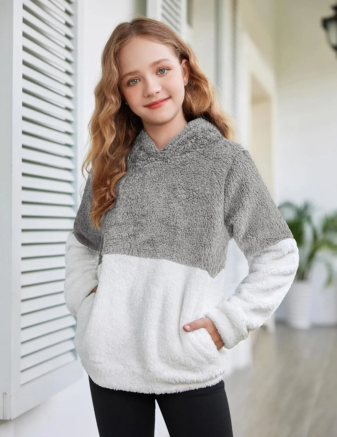 Arshiner Girls Fuzzy Fleece Hoodies Casual Sweatshirt Sherpa Pullover with Kangaroo Pockets