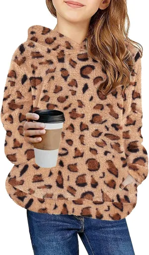 Arshiner Girls Fuzzy Fleece Hoodies Casual Sweatshirt Sherpa Pullover with Kangaroo Pockets