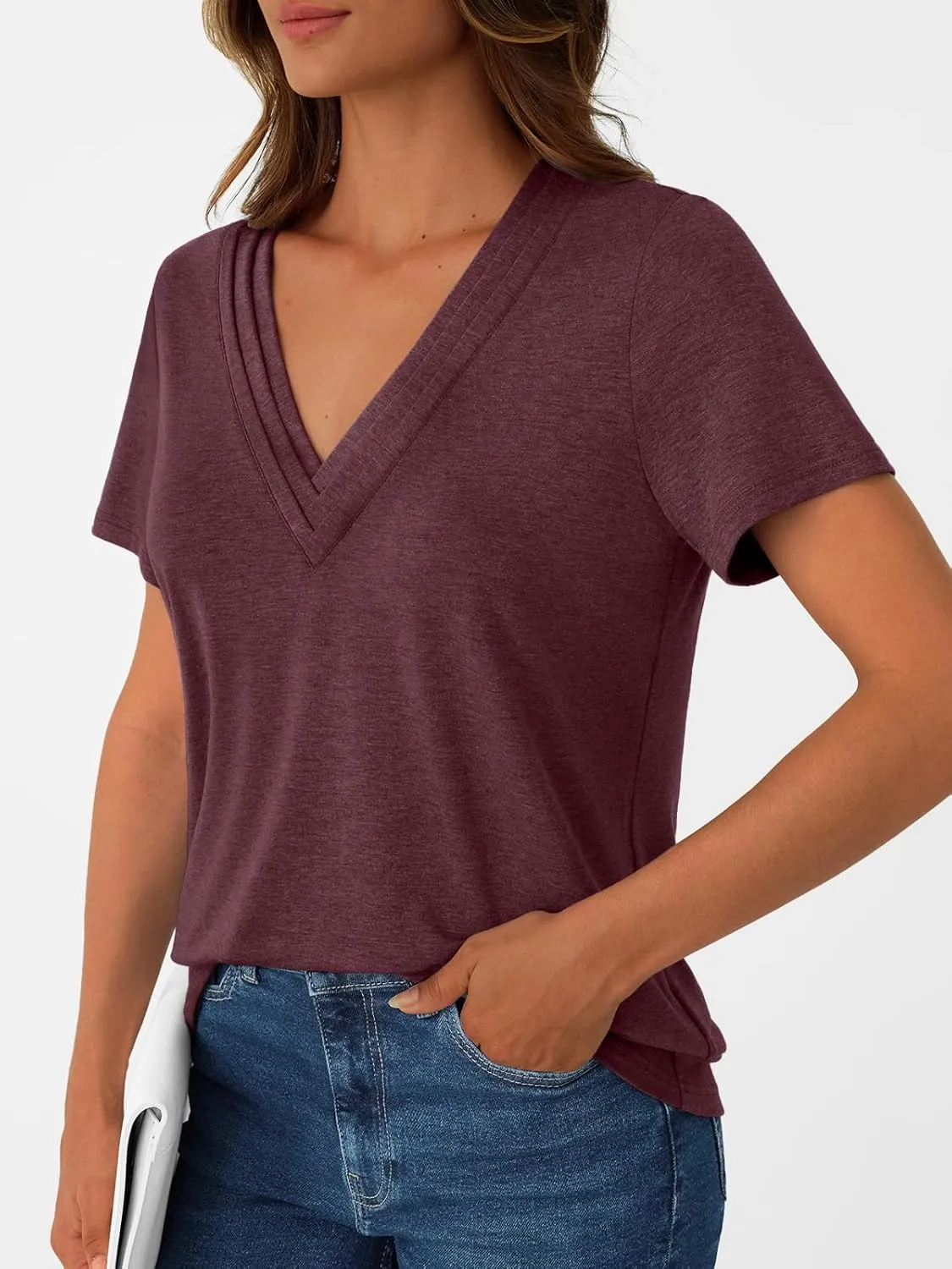AUTOMET Pleated V Neck Shirts Short Sleeve Summer Business Casual Tops