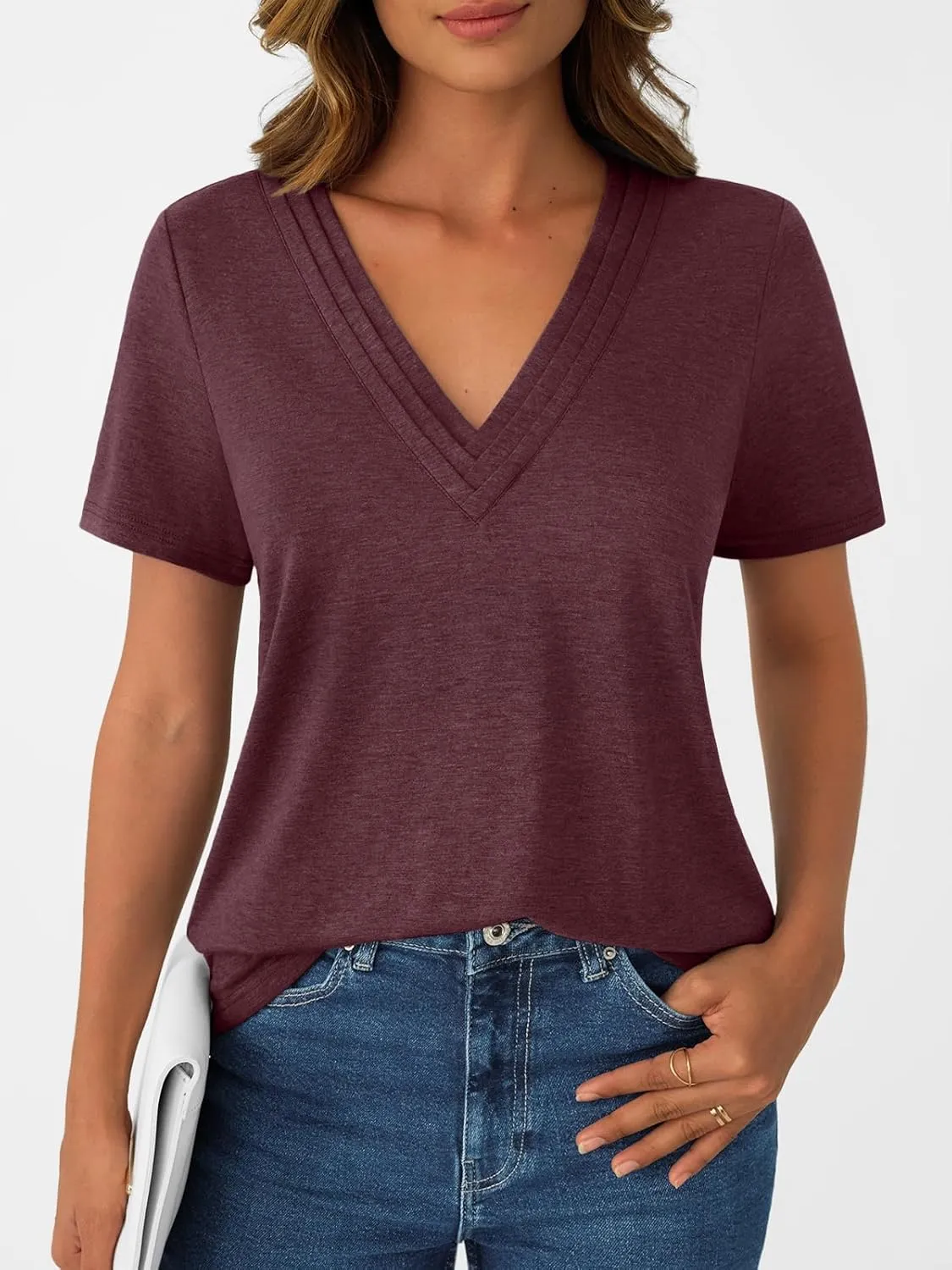 AUTOMET Pleated V Neck Shirts Short Sleeve Summer Business Casual Tops