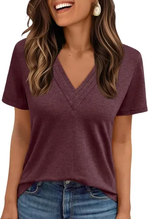 AUTOMET Pleated V Neck Shirts Short Sleeve Summer Business Casual Tops