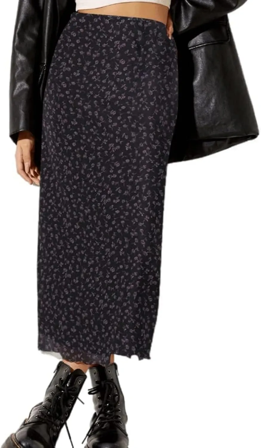 Avanova Women Ditsy Floral Bohemian Mesh Midi Skirt Elastic High Waisted Flowy Summer Long Skirt