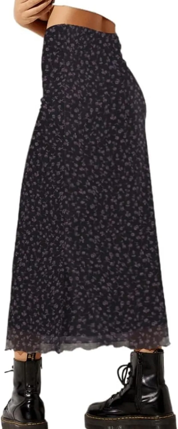 Avanova Women Ditsy Floral Bohemian Mesh Midi Skirt Elastic High Waisted Flowy Summer Long Skirt