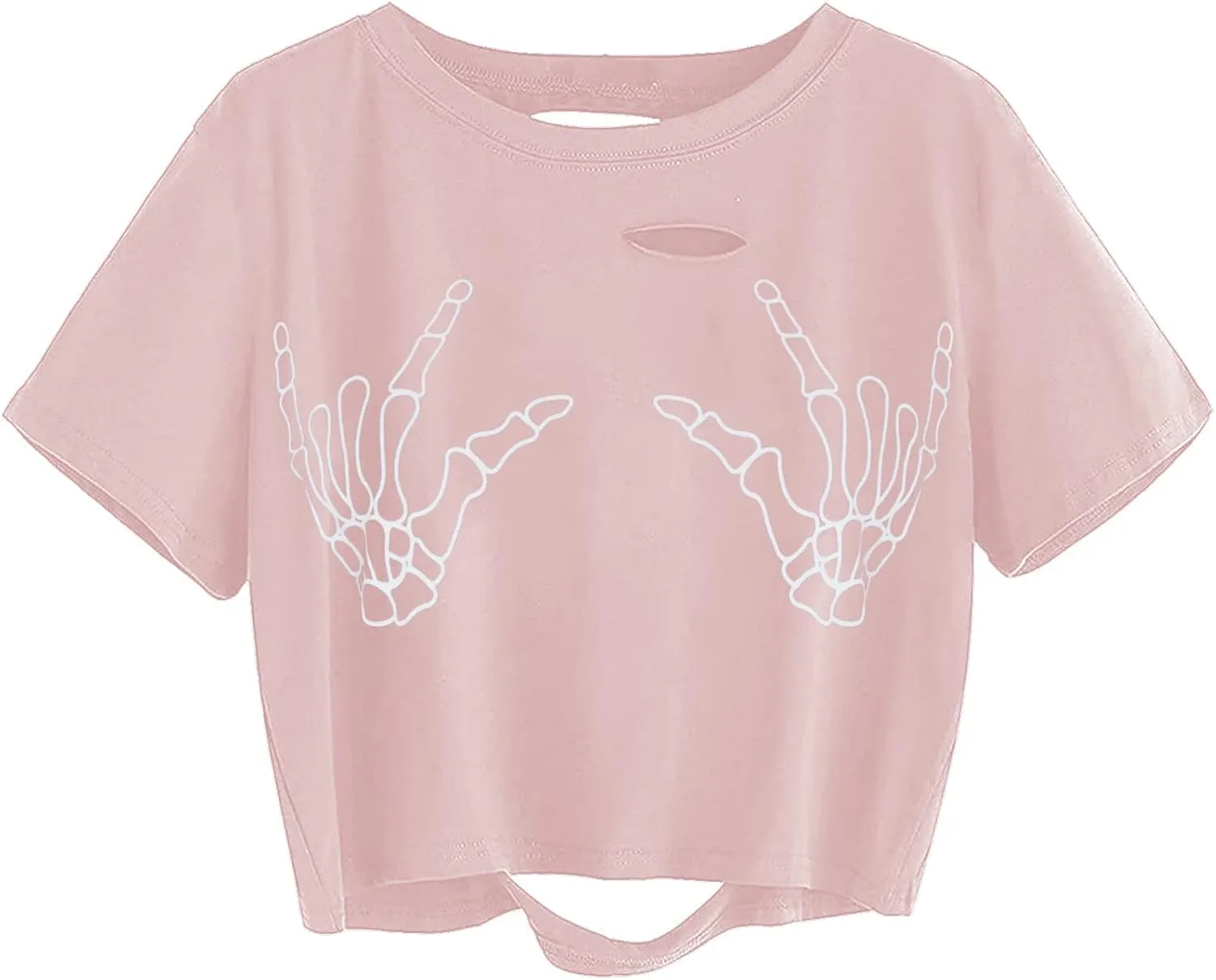 Avanova Women Skull Finger Graphic Distressed Tee Shirt Ripped Short Sleeve Crop Tops
