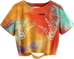 Avanova Women Skull Finger Graphic Distressed Tee Shirt Ripped Short Sleeve Crop Tops