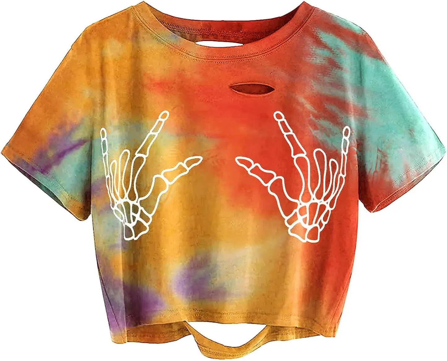 Avanova Women Skull Finger Graphic Distressed Tee Shirt Ripped Short Sleeve Crop Tops