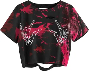 Avanova Women Skull Finger Graphic Distressed Tee Shirt Ripped Short Sleeve Crop Tops