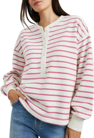 BAIGRAM Women Oversized Crewneck Striped Sweatshirt Half Button Down Pullover Top Long Sleeve Shirts Preppy Fall Outfits