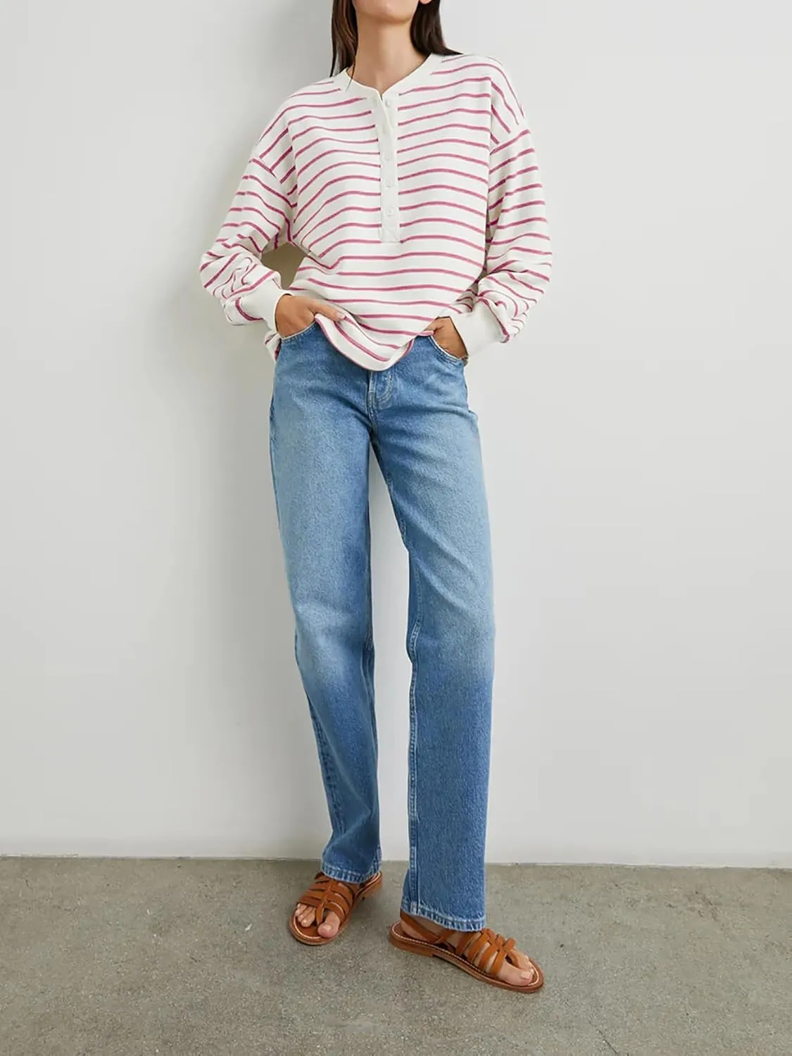 BAIGRAM Women Oversized Crewneck Striped Sweatshirt Half Button Down Pullover Top Long Sleeve Shirts Preppy Fall Outfits