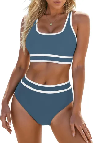 Blooming Jelly Womens High Waist Bikini Sets Sporty Color Block Two Piece Swimsuits Scoop Neck Cheeky Bathing Suits